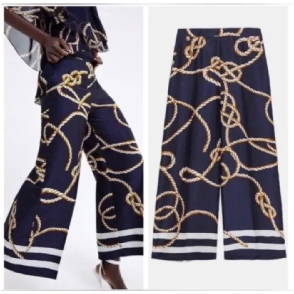 ZARA Navy Blue Nautical Rope Print Wide Leg Palazzo Pants Size S